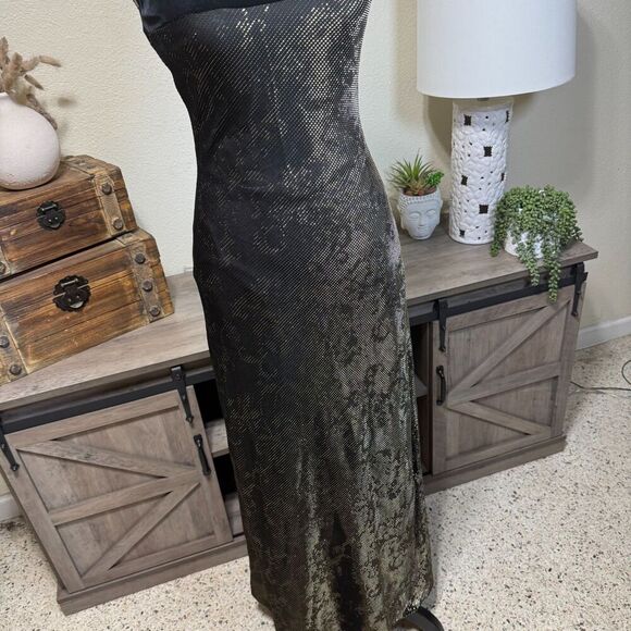 Vintage Cache Metallic Evening Maxi Gown Velvet Trim Size 4 Deadstock Y2K - Picture 5 of 11